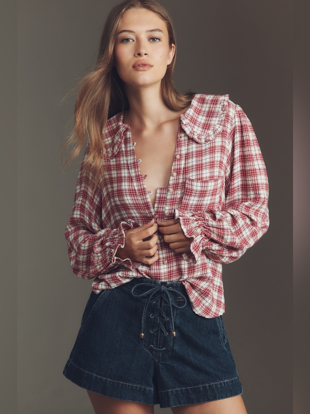 NEW Anthropologie Pilcro Keira Plaid Blouse Coquette Romantic Victorian Academia